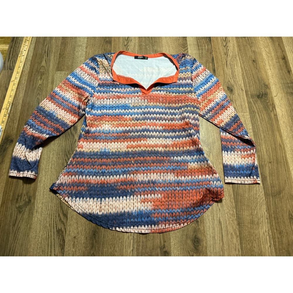 Lily by Firmiana Shirt Women Medium Multicolor Long Sleeve Vneck Faux Knit Print